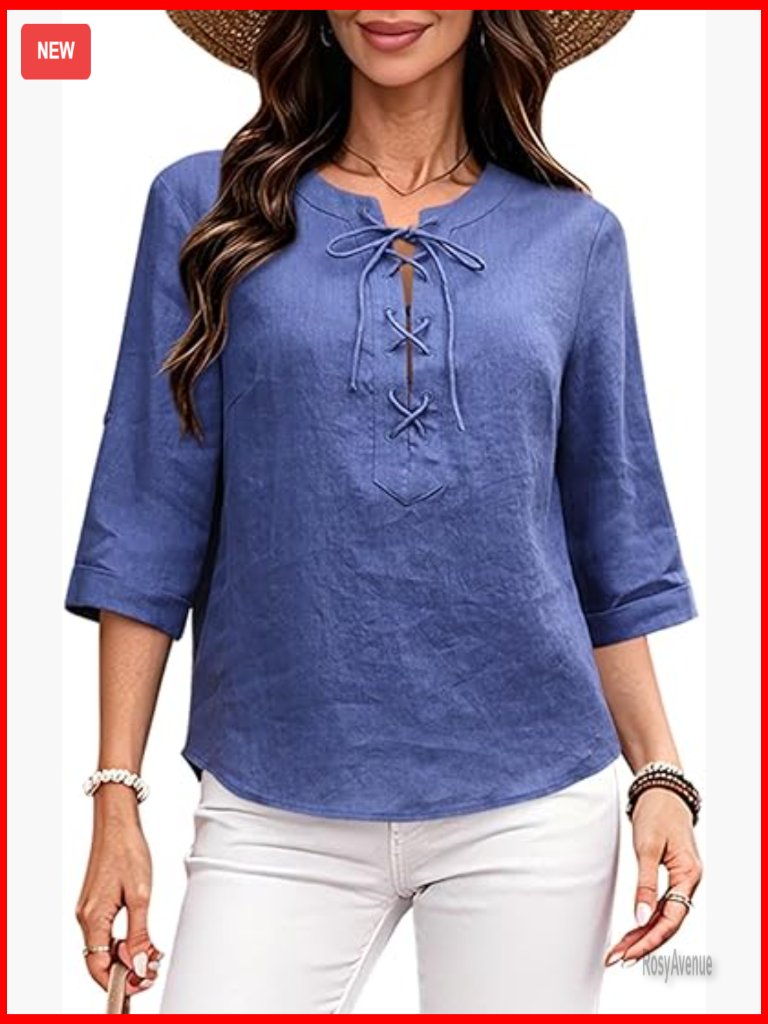100% Linen Blouse 3/4 Sleeve Criss Cross Tie Front Button Up Shirt